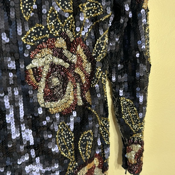 Mac Duggal SEQUINED ASYMMETRICAL FLORAL LONG SLEEVE MIDI DRESS in midnight - Picture 9 of 17